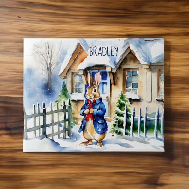 Peter rabbit winter Christmas gifts custom name  Jigsaw Puzzle (Peter rabbit winter cottage scenery Christmas gifts for kids personalized name Jigsaw Puzzle)