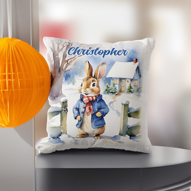 Peter Rabbit winter cottage Christmas gifts Cushion (Peter Rabbit watercolor snowy winter cottage personalized name pillow nursery decor Christmas gifts)