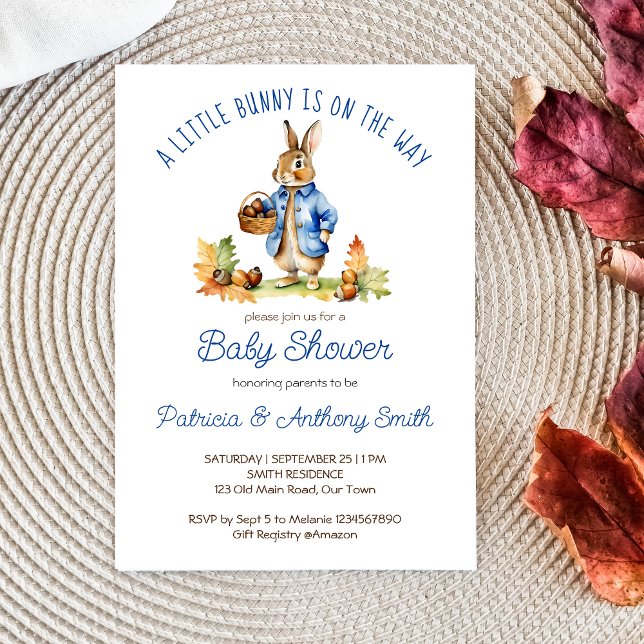 Peter rabbit with acorns fall baby shower  invitation (Peter rabbit fall themed baby shower template invitation digital download a cute bunny blue jacket)