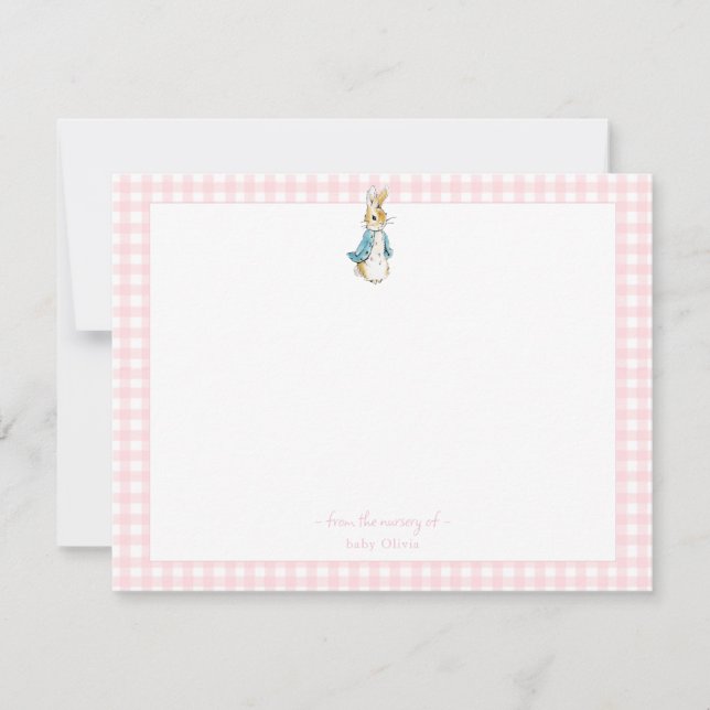 Peter Rabbit with pink Gingham Border Baby girl  Thank You Card (Front)