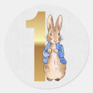 Peter the Rabbit 1st Birthday Gray Linen Texture Classic Round Sticker