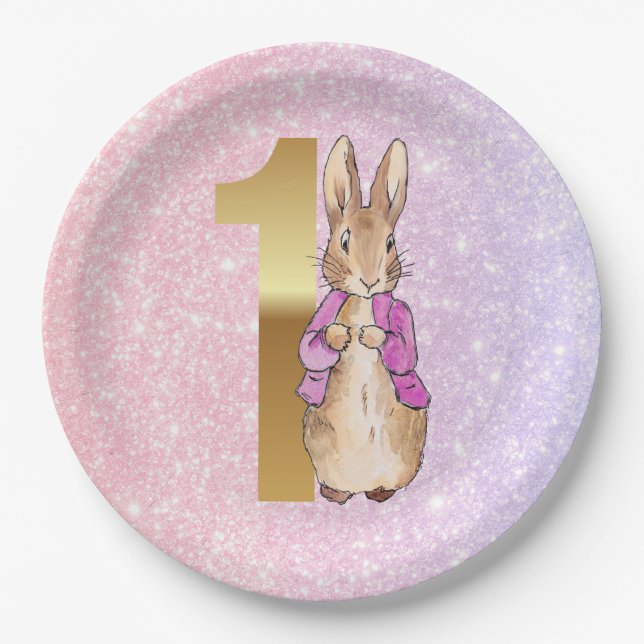 Peter the Rabbit 1st Birthday Pink Glitter Paper Plate (Front)