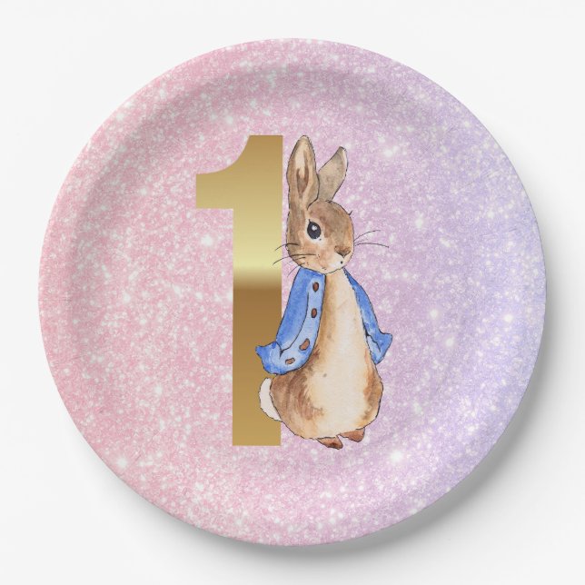 Peter the Rabbit 1st Birthday Pink Glitter Paper Plate (Front)