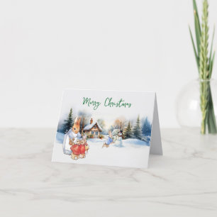 Peter the Rabbit and a Snowman Holiday Card