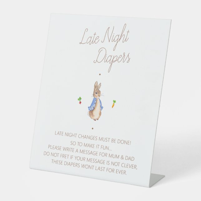 Peter the Rabbit Baby Shower Late Night Diapers  Pedestal Sign (Front)