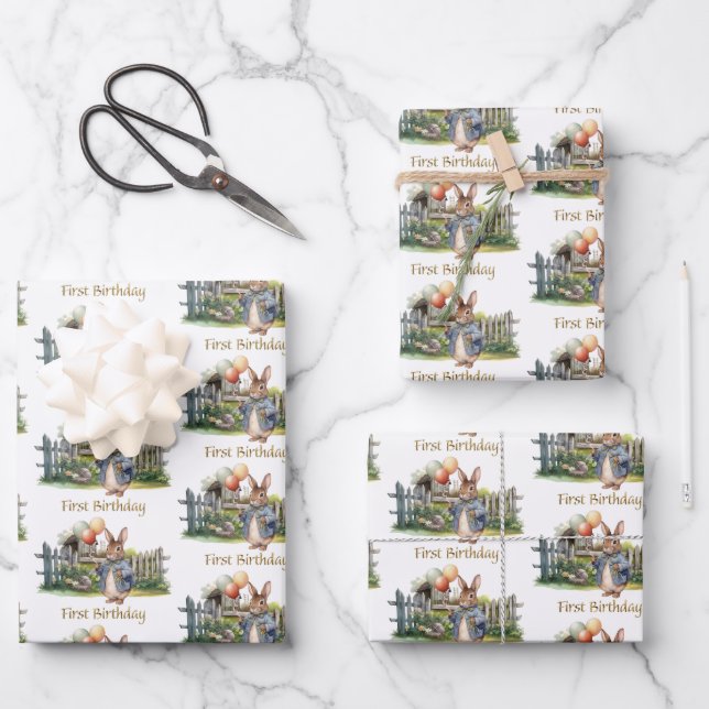 Peter the rabbit balloons First Birthday Wrapping Paper Sheet (Front)