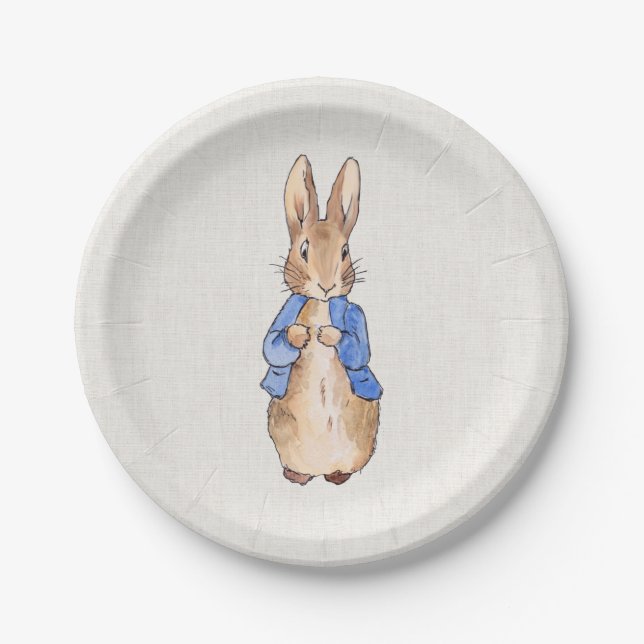 Peter the rabbit beige linen textured background paper plate (Front)
