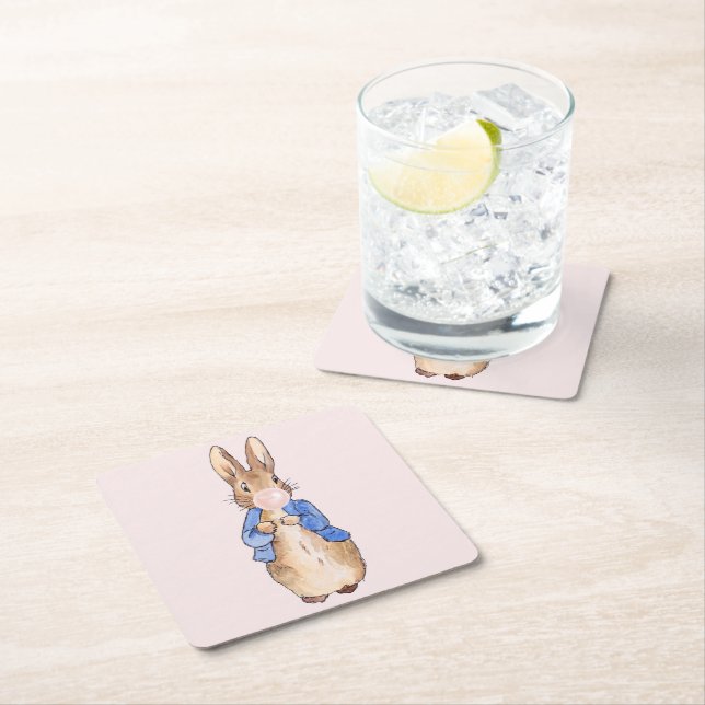 Peter the Rabbit Blowing a Pink Bubble gum   Square Paper Coaster (Insitu)