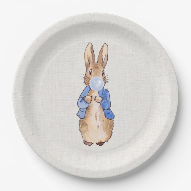Peter the Rabbit Blowing Blue Bubble gum  Paper Plate (Front)