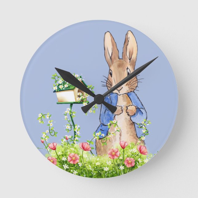 Peter the Rabbit checking bird house Round Clock (Front)