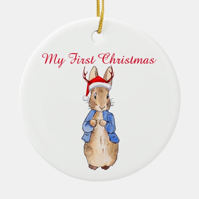 Peter the Rabbit Christmas Hat First Christmas Ceramic Tree Decoration (Front)