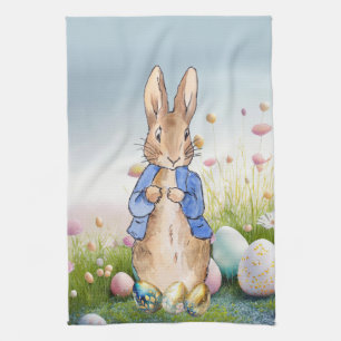 Peter the Rabbit Easter eggs and wildflowers Tea Towel