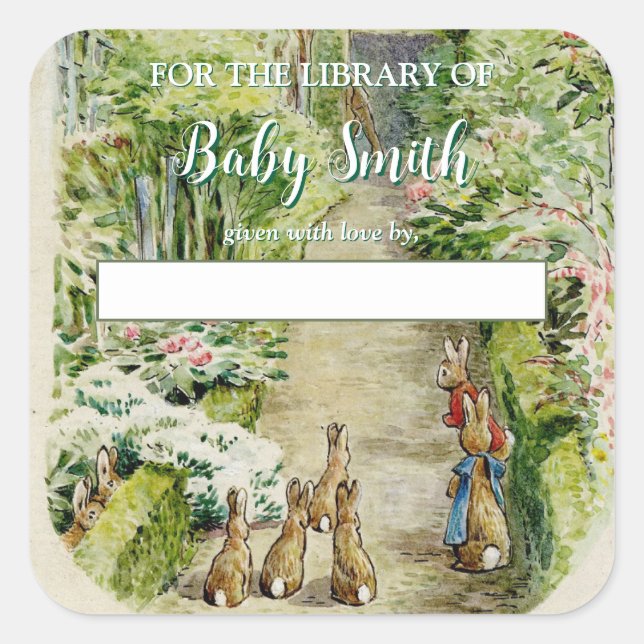 Peter the Rabbit Garden Baby Shower Bookplate Square Sticker (Front)