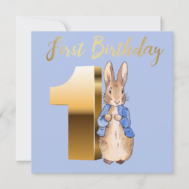 Peter the Rabbit Gold 1st Birthday Invitation (Front)