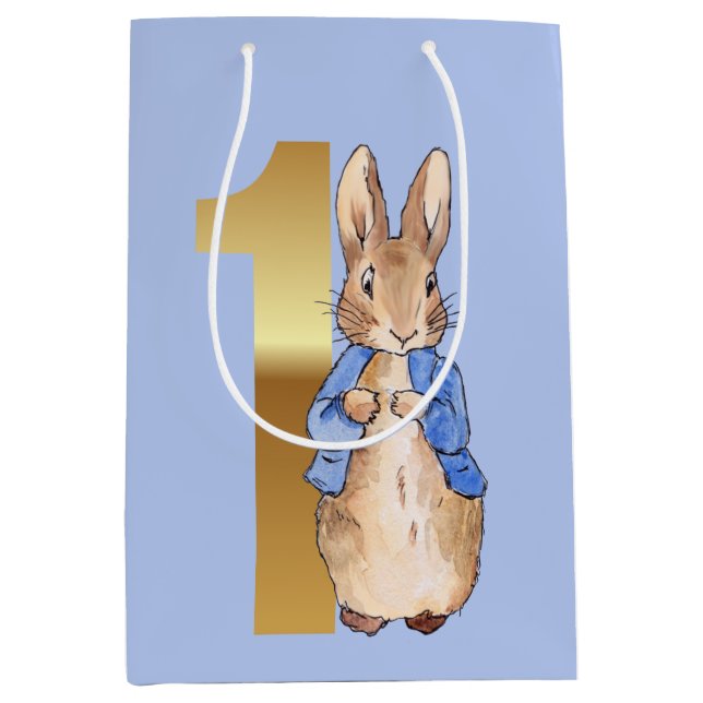 Peter the Rabbit Gold No. 1 First Birthday Blue Medium Gift Bag (Front)