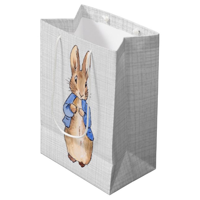 Peter the rabbit gray linen background medium gift bag (Front Angled)