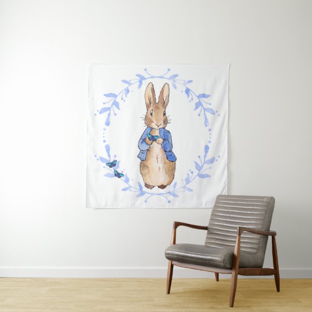 Peter the Rabbit Holding a Blue Butterfly   Tapestry (In Situ)