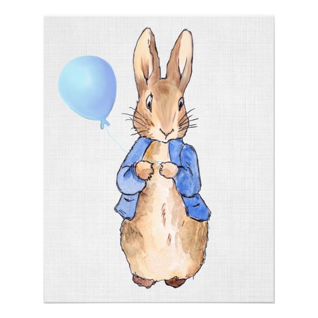 Peter the Rabbit holding blue balloon gray linen Photo Print (Front)