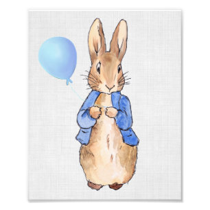 Peter the Rabbit holding blue balloon grey linen Photo Print