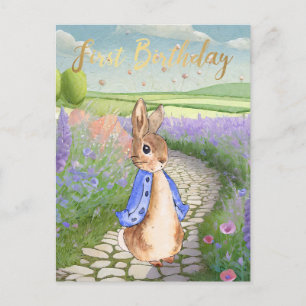 Peter the rabbit in field of lilacs First birthday Postcard