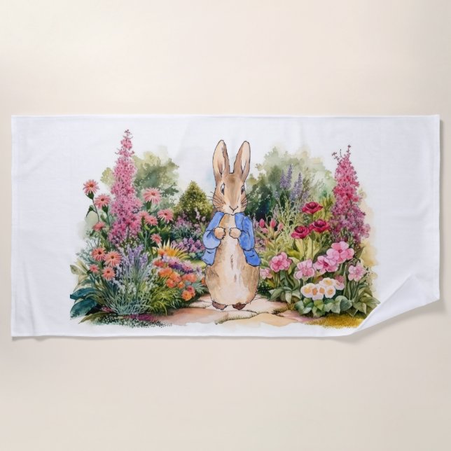 Peter the rabbit in his flower garden beach towel (Front)