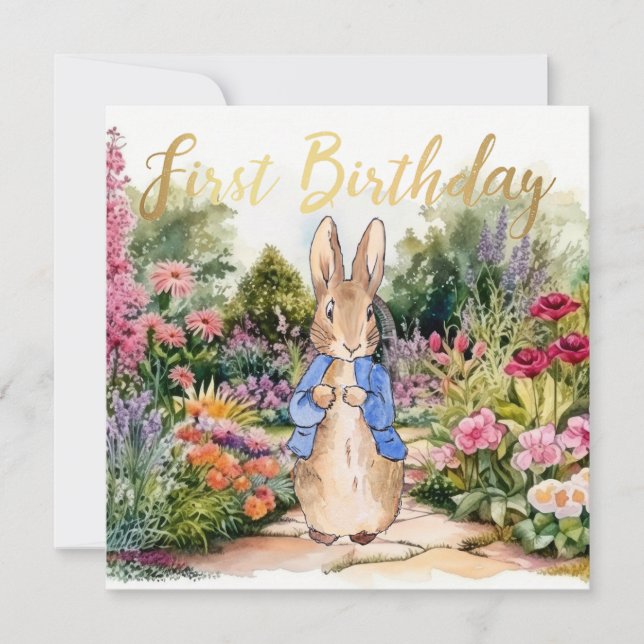Peter the Rabbit in his garden 1st Birthday Invitation (Front)