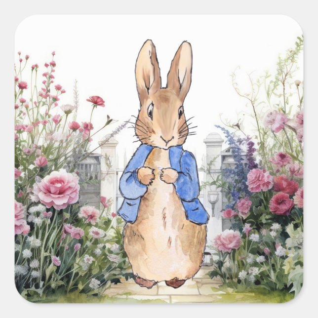 Peter the Rabbit in his garden No 2 Square Sticker (Front)