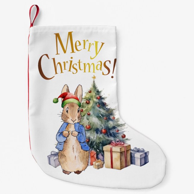 Peter the Rabbit Merry Christmas Tree Small Christmas Stocking (Front)