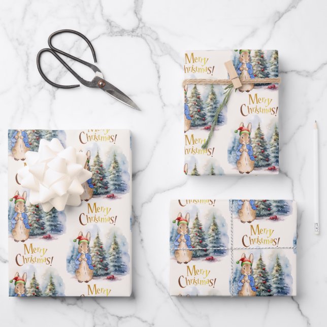 Peter the Rabbit Merry Christmas Tree Wrapping Paper Sheet (Front)