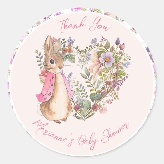 Peter the Rabbit Pink Floral Girl Baby Shower  Classic Round Sticker (Front)