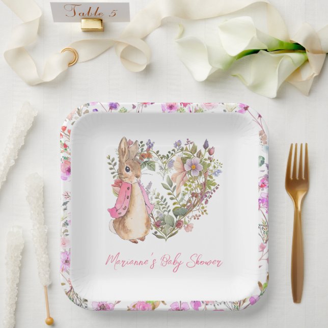 Peter the Rabbit Pink Floral Girl Baby Shower Paper Plate (Wedding)