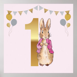 Peter the Rabbit Pink Jacket First Birthday Poster