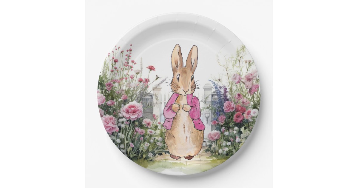 Peter the Rabbit Pink Jacket in his Garden Paper Plate | Zazzle