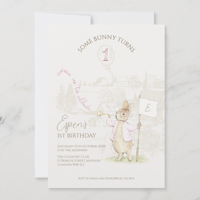 Peter the Rabbit Some Bunny 1st Birthday Pink Invitation (Front)
