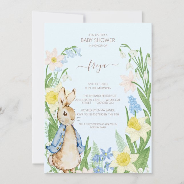 Peter the Rabbit Spring Blooms Blue Baby Shower Invitation (Front)