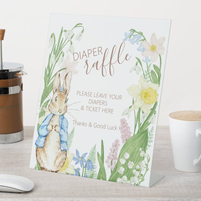 Peter the Rabbit Spring Blooms Blue Baby Shower Pedestal Sign (In SItu)