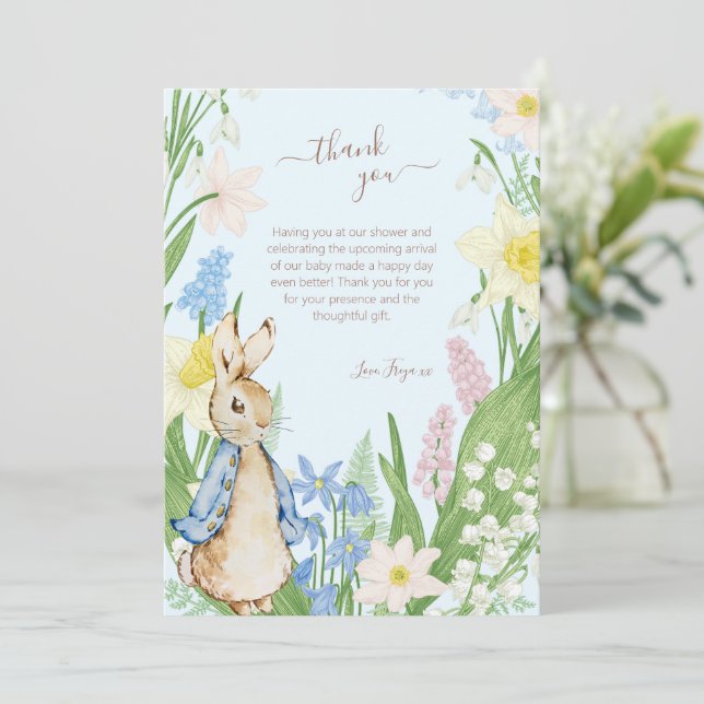 Peter the Rabbit Spring Blooms Blue Baby Shower Thank You Card (Standing Front)