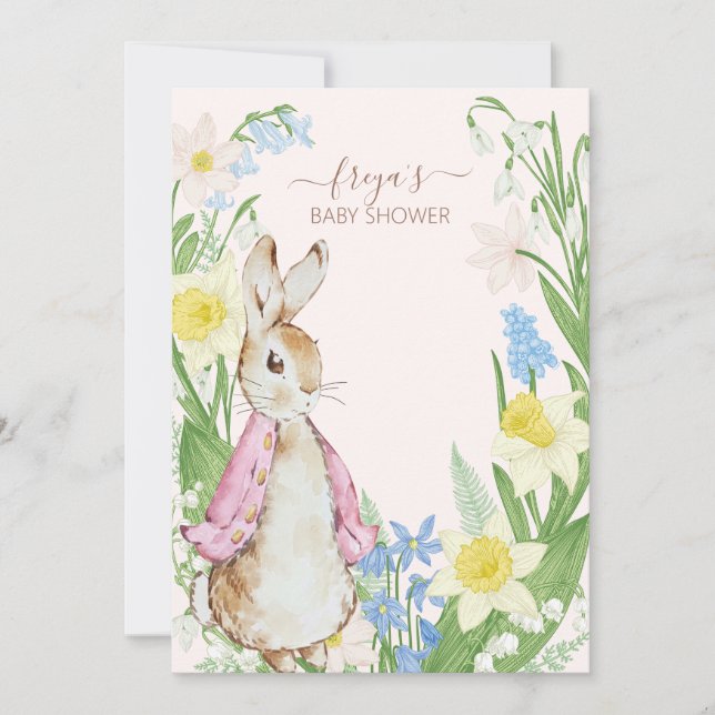 Peter the Rabbit Spring Blooms Pink Baby Shower Invitation (Front)