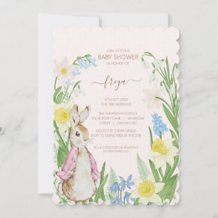 Peter the Rabbit Spring Blooms Pink Baby Shower Invitation