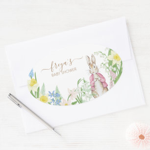Peter the Rabbit Spring Blooms Pink Baby Shower Oval Sticker