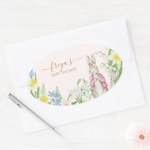 Peter the Rabbit Spring Blooms Pink Baby Shower Oval Sticker