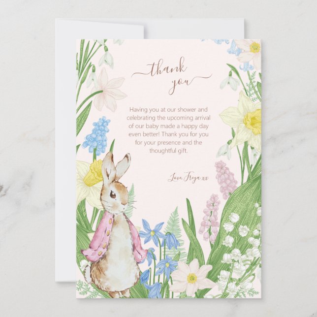 Peter the Rabbit Spring Blooms Pink Baby Shower Thank You Card (Front)