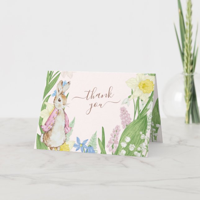 Peter the Rabbit Spring Blooms Pink Baby Shower Thank You Card (Front)