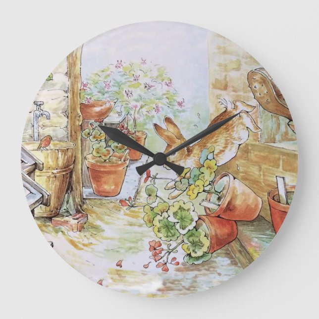 Peter the rabbit tumbling in garden shed 	 large clock (Front)