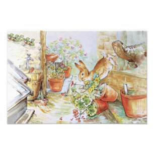 Peter the rabbit tumbling in garden shed 	 photo print