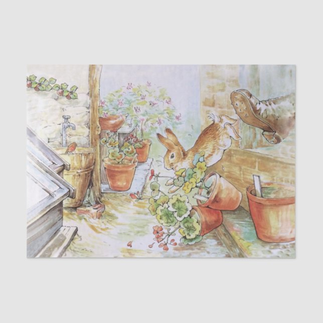 Peter the rabbit tumbling in garden shed 	 tissue paper (Front)