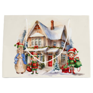 Peter the Rabbit with Christmas Elves Large Gift Bag
