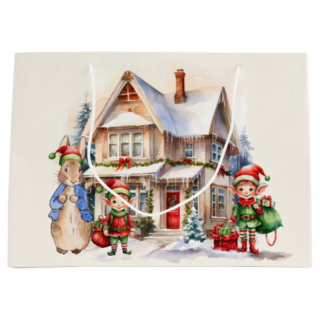 Peter the Rabbit with Christmas Elves Large Gift Bag (Front)