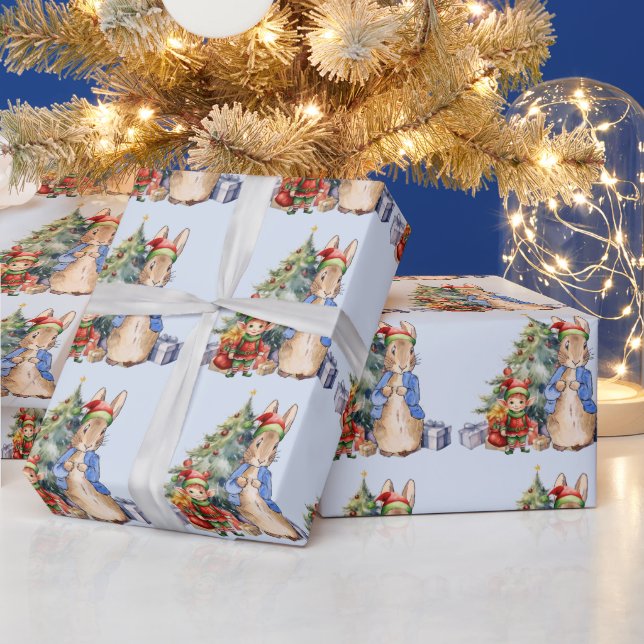 Peter the Rabbit with Elf and Christmas tree Wrapping Paper (Holidays)