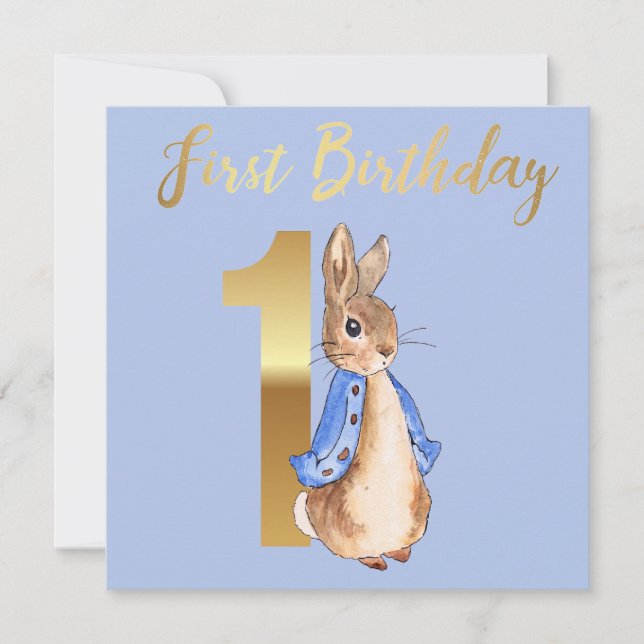 Peter the Rabbit with Gold First Birthday Text Invitation (Front)
